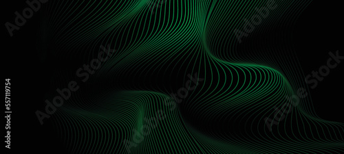 Abstract dotted wave line particles of dark green design element on dark black background. Modern technology futuristic concept. Vector illustration