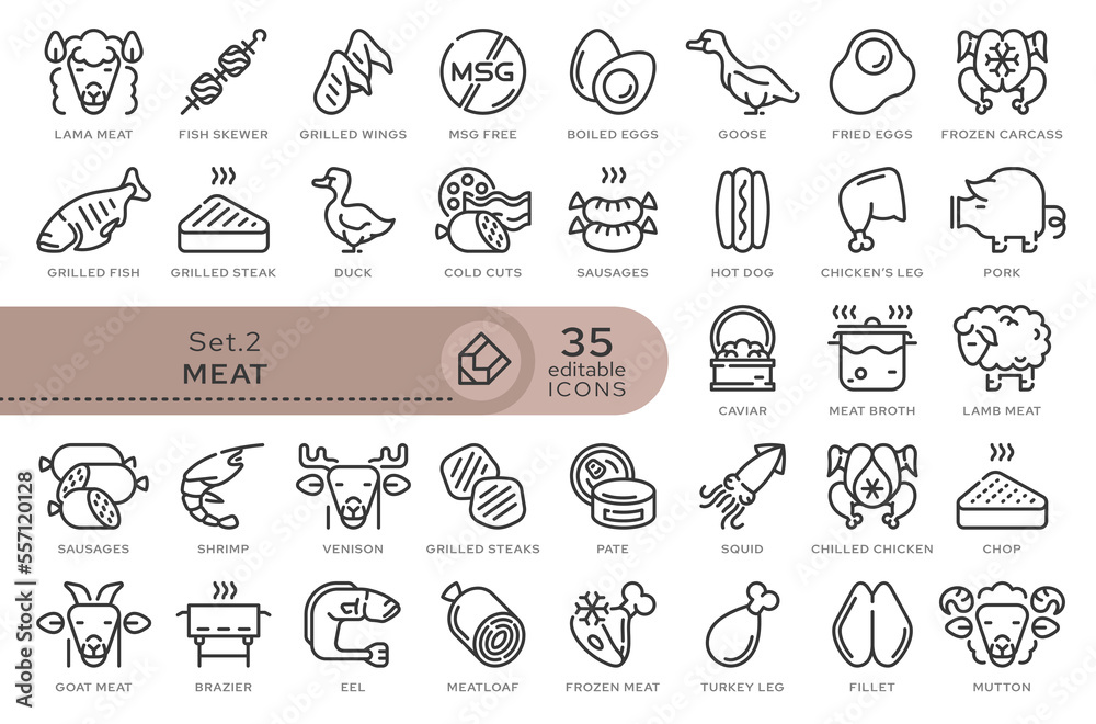 Set of conceptual icons. Vector icons in flat linear style for web sites, applications and other graphic resources. Set from the series - Meat. Editable outline icon.	
