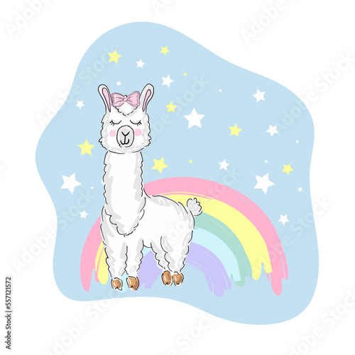 Hand drawn vector illustration with cute sleeping llama moon, stars. Scandinavian style flat design. Concept for children print.