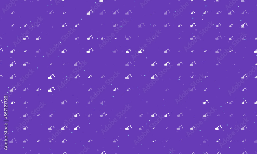 Seamless background pattern of evenly spaced white excavator symbols of different sizes and opacity. Vector illustration on deep purple background with stars