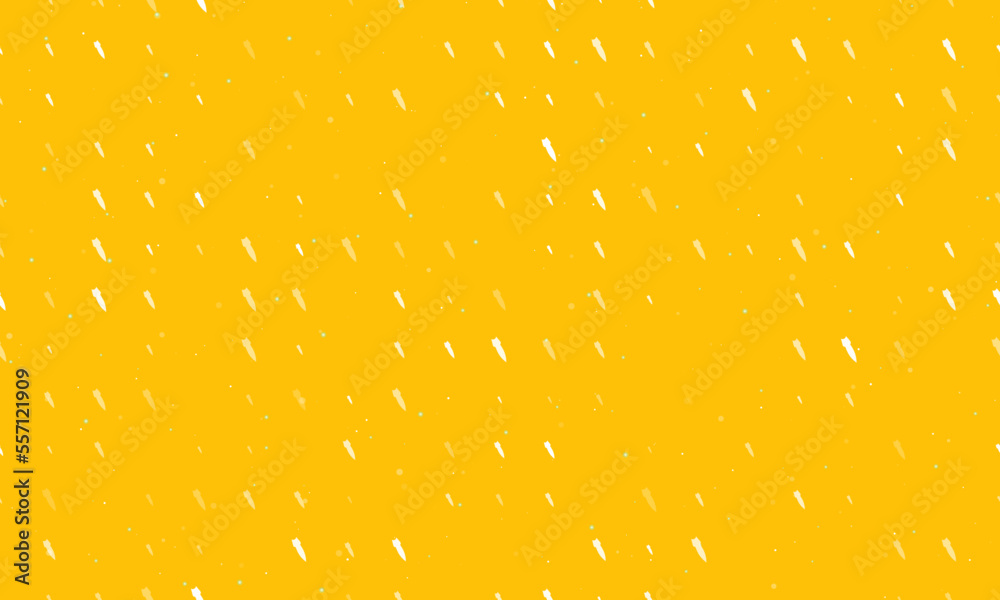 Seamless background pattern of evenly spaced white falling rocket symbols of different sizes and opacity. Vector illustration on amber background with stars