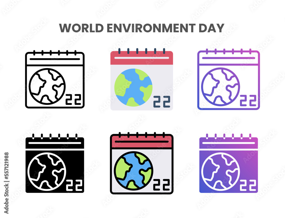 World Environment Day Calendar icons vector illustration set line, flat, glyph, outline color gradient. Great for web, app, presentation and more. Editable stroke and pixel perfect.