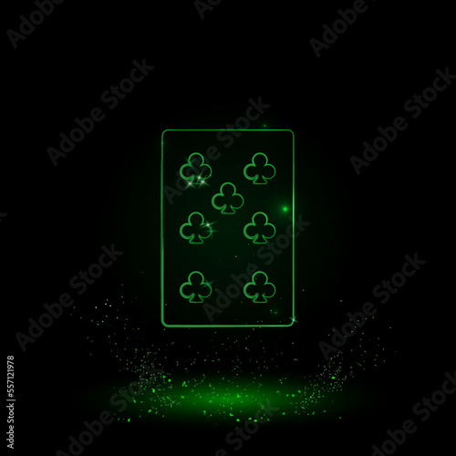 A large green outline seven of clubs playing card on the center. Green Neon style. Neon color with shiny stars. Vector illustration on black background