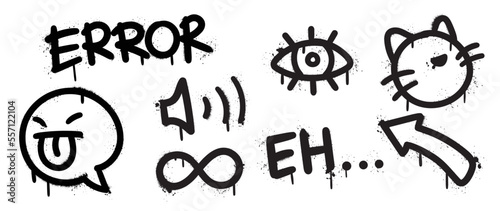 Set of graffiti spray pattern vector illustration. Collection of spray texture teasing emoticon, eye, infinity, arrow, cat, speaker. Elements on white background for banner, decoration, street art.