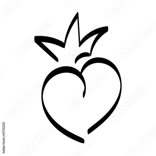 Hand drawn crowned heart. Doodle princess, king and queen crown on heart, sketch love crowns. Wedding card logo, doodle hearts in crowns. 