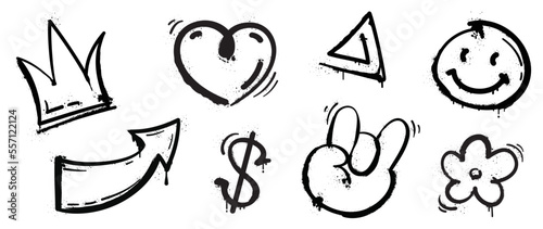 Set of graffiti spray pattern vector illustration. Collection of spray texture crown, heart, arrow, currency, flower, hand gesture. Elements on white background for banner, decoration, street art.