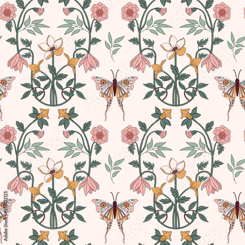 Trendy art nouveau floral seamless pattern. Retro boho pattern background with butterfly, flowers, leaves and vines.