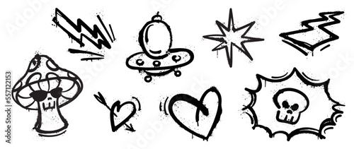 Set of graffiti spray pattern vector illustration. Collection of spray texture lightning bolt, mushroom, ufo, heart, sparkle, skull. Elements on white background for banner, decoration, street art.