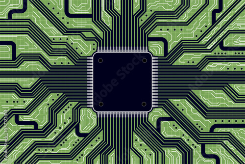 Abstract hardware and software background. Circuit board, Chip processor, Mainboard and code programmer. Hi-tech computer engineer. Geometric screen and database coding. Blue and green board