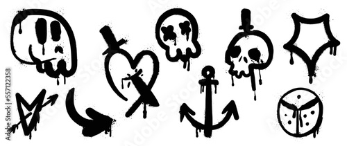 Set of graffiti spray pattern vector illustration. Collection of spray texture spooky skull, arrow, heart, sword, anchor. Elements on white background for banner, decoration, street art.