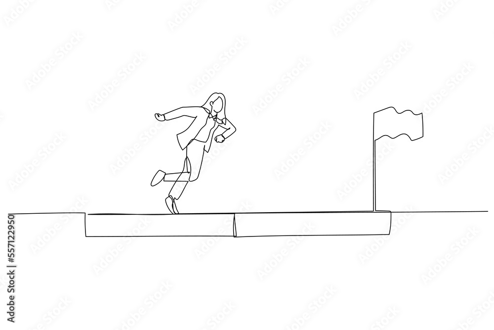 Fototapeta premium Cartoon of arab businessman run on progress bar to achieve success flag concept of progress. One line art style