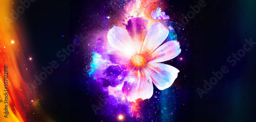 Flower galaxy. Otherworldly world. Colorful space illustration, generative AI.