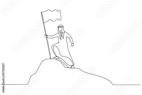 Cartoon of arab businessman standing on the top of mountain peak holding flag like conqueror. One continuous line art style