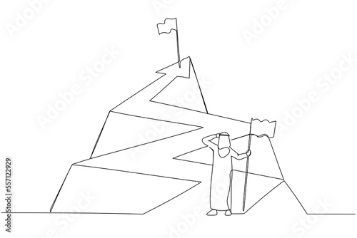 Illustration of arab businessman with flag looking at the flag from the top of the arrow. Single line art style