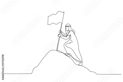 Drawing of arab businessman with flag on mountain peak concept for achievement. Single continuous line art style