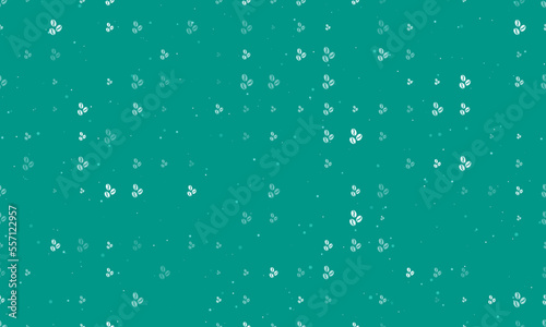 Seamless background pattern of evenly spaced white coffee beans symbols of different sizes and opacity. Vector illustration on teal background with stars