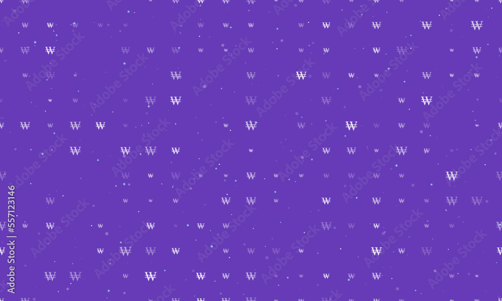 Seamless background pattern of evenly spaced white Korean won signs of different sizes and opacity. Vector illustration on deep purple background with stars