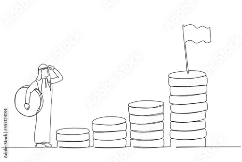 Drawing of arab businessman carrying money coin start step on compound money stack start invest. Single continuous line art style