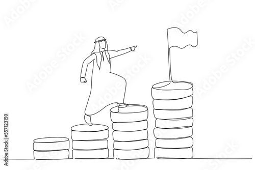 Cartoon of arab businessman step climbing money coin stack aiming to achieve target reach financial goal. One line art style