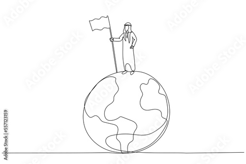 Illustration of arab businessman climb up ladder holding winning flag on globe winning global business competition. Single line art style