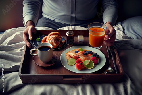 Breakfast in bed on table tray photo
