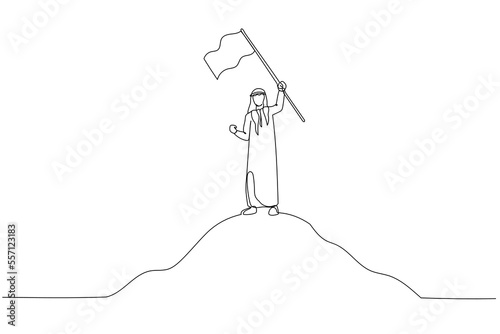 Cartoon of arab businessman and flag on top mountain metaphor for achievement. One line style art