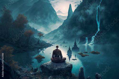 a mystic doing meditation with a scenic background. Generative AI