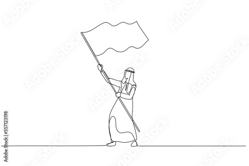 Drawing of arab businessman with flag. Continuous line art style