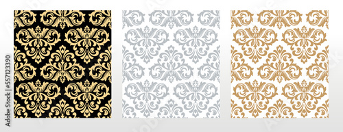 Wallpapers in the style of Baroque. Seamless vector backgrounds. Set of colored floral ornaments. Graphic patterns for fabric, wallpaper, packaging. Ornate Damask flower ornaments