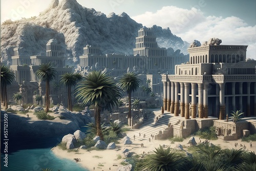 A coastal town found in babylon, persia, with a luxurious jungle and vegetation.