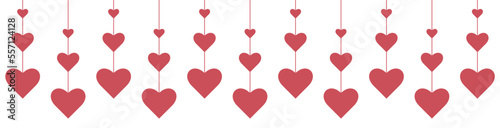 Garland with red hearts for Valentine's day. Can be used for card, invitation, border. Isolated vector and PNG illustration on transparent background.
