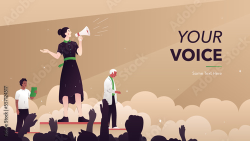 Vector illustration of a leader with a loudspeaker. People came to the polls to vote for their candidate. Political speech of a presidential candidate. An enthusiastic crowd. People at the rally.