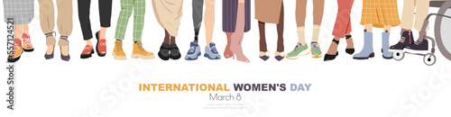 International Women's Day banner. March 8. Different women stand side by side together. Modern concept.