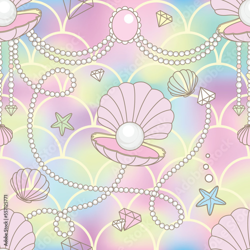 Seamless pattern cute and beautiful design. The beautiful pearl shell decorate with pearl chain and jewelry underwater and mermaid line foe textile and another print.