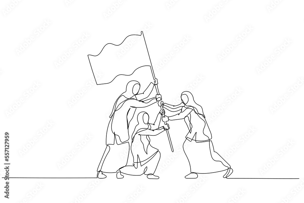 Fototapeta premium Drawing of muslim woman enterpreneur with flag as a symbol of success and heights. Continuous line art