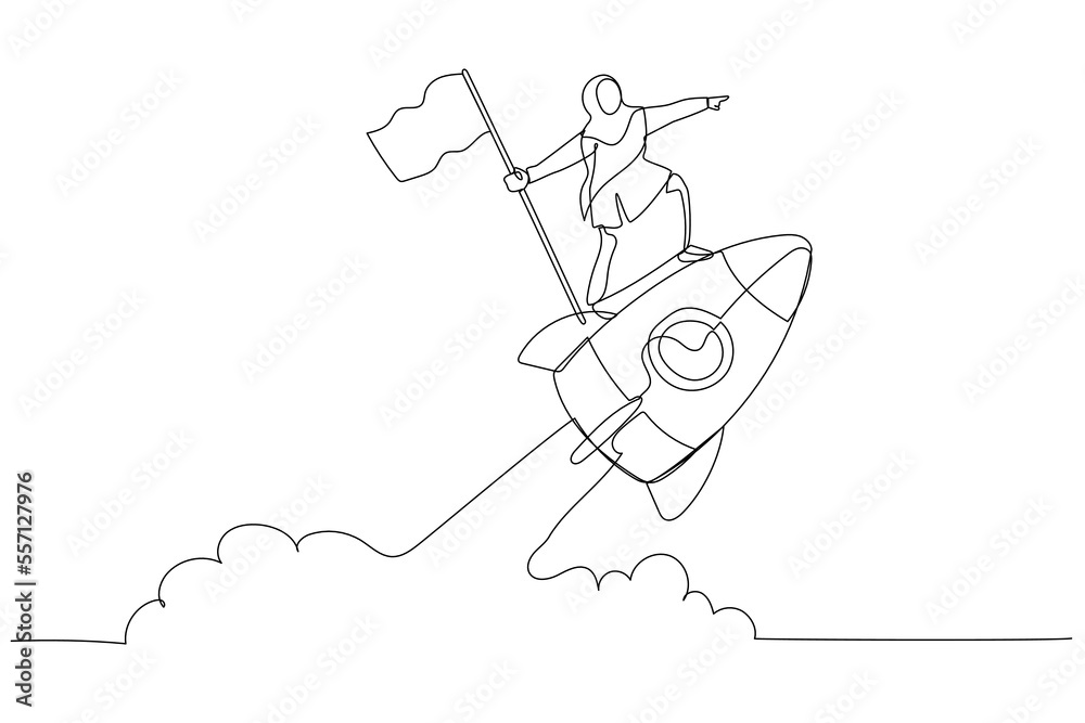 Fototapeta premium Cartoon of muslim woman enterpreneur holding number one flag standing on flying rocket. One continuous line art style