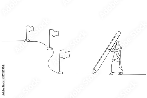 Drawing of muslim woman enterpreneur using pencil draw line with flag as milestones. Continuous line art style