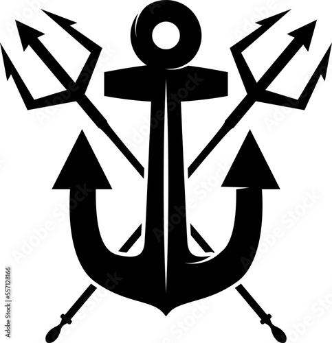 Illustration of sea anchor with crossed tridents. Design element for logo, sign, emblem. Vector illustration