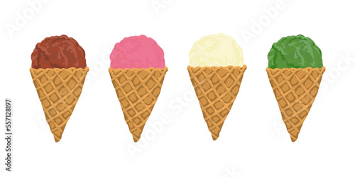 手描きのアイスクリームイラスト チョコ・苺・バニラ・抹茶 © ebiko
