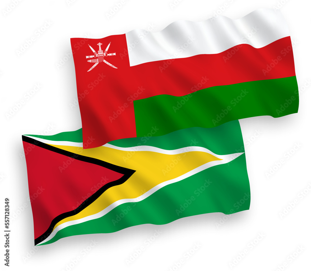 National vector fabric wave flags of Sultanate of Oman and Co-operative Republic of Guyana isolated on white background. 1 to 2 proportion.