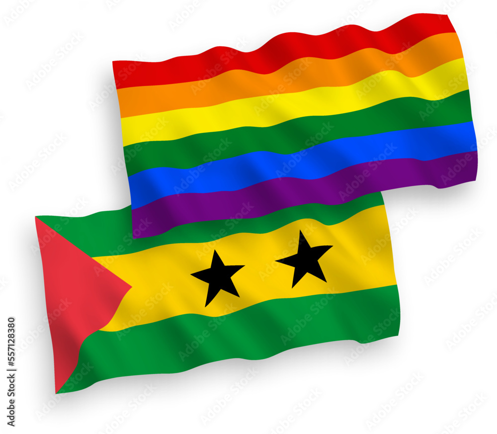 Obraz premium National vector fabric wave flags of Saint Thomas and Prince and Rainbow gay pride isolated on white background. 1 to 2 proportion.