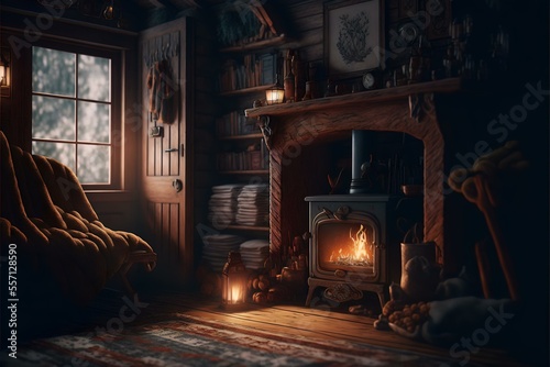 cozy cabin in the woods with a fireplace and warm blankets  REALISTIC  AI Generated 