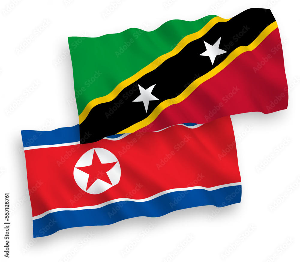 National vector fabric wave flags of North Korea and Federation of Saint Christopher and Nevis isolated on white background. 1 to 2 proportion. National vector fabric wave flags of North Korea and Federation of Saint Christopher and Nevis isolated on white background. 1 to 2 proportion.