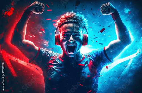 Professional eSports gamer rejoices in the victory and red blue abstract background. Non-existent person in generative AI digital illustration.