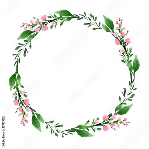 Watercolor greenery branches frame. Floral wreath template on white background.