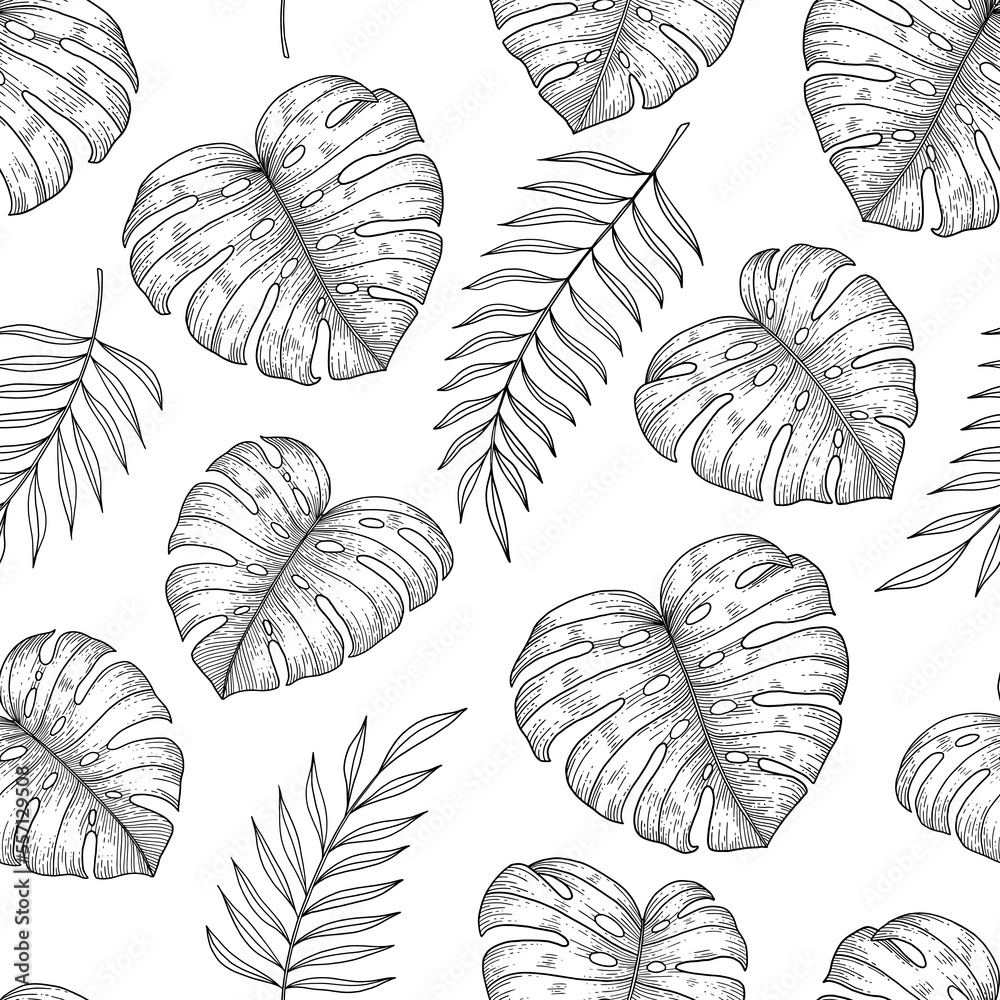 Tropical leaves monstera palm seamless pattern.