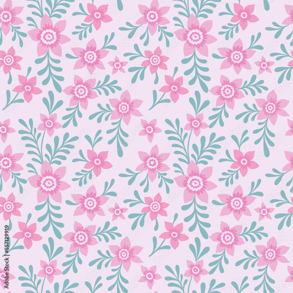 Simple vintage pattern. Cute pink flowers on a pink background. Fashionable print for textiles and wallpaper.