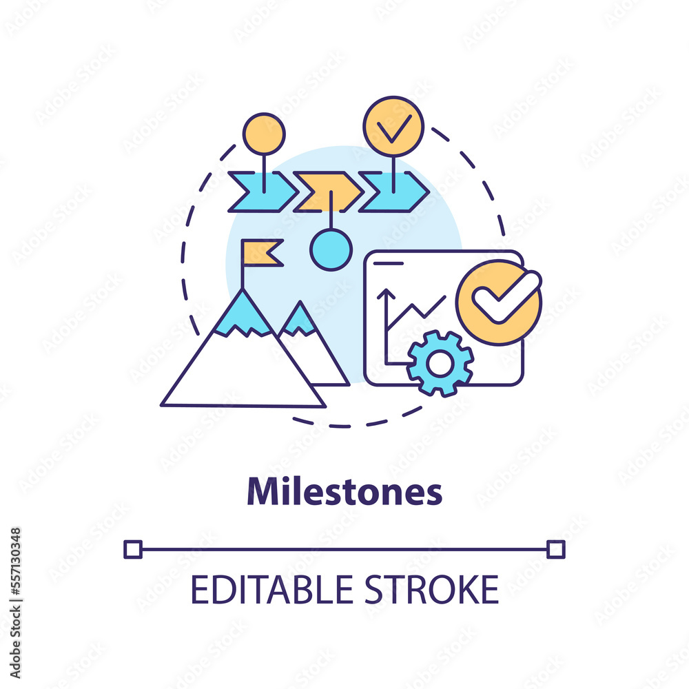 Milestones concept icon. Mark tasks completion. Project plan includes abstract idea thin line illustration. Isolated outline drawing. Editable stroke. Arial, Myriad Pro-Bold fonts used