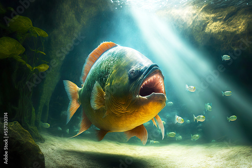 Fotografiet Aggressive piranhas with golden scales in sunlit water