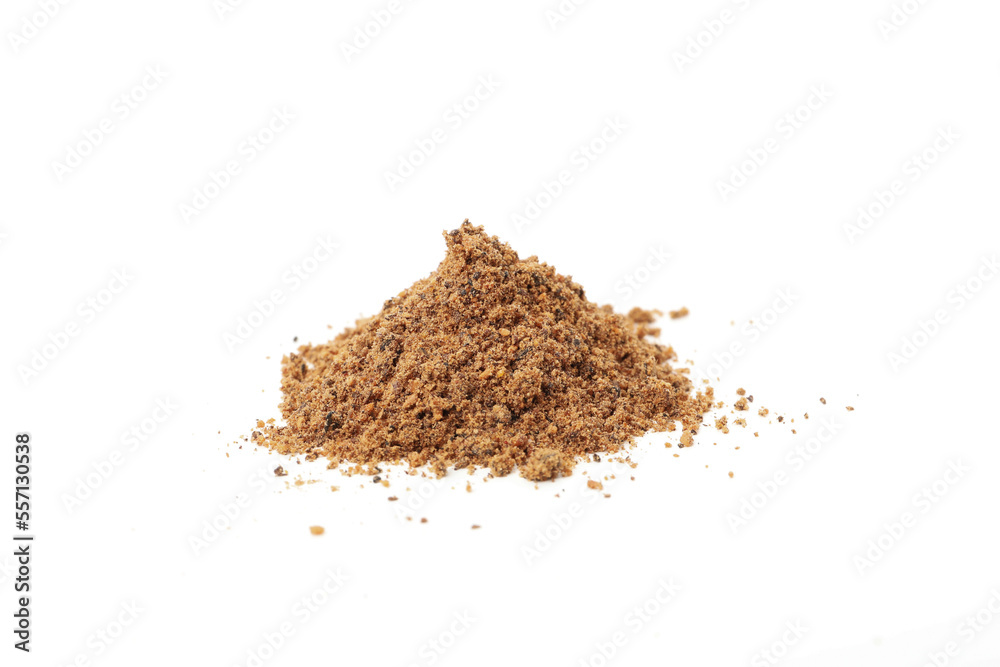 Concept of spices and condiments, nutmeg powder, isolated on white background